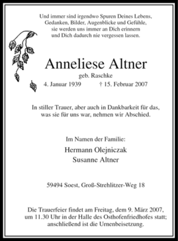 Todesanzeige von Anneliese Altner von WESTFÄLISCHER ANZEIGER