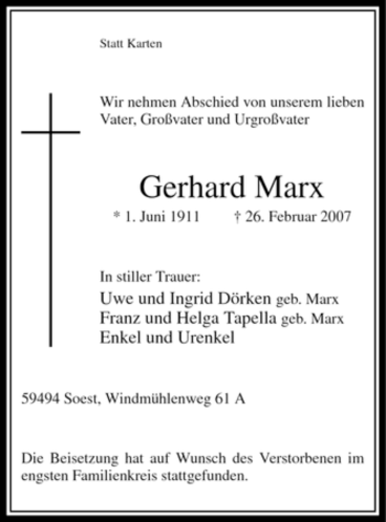 Todesanzeige von Gerhard Marx von WESTFÄLISCHER ANZEIGER