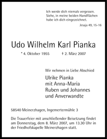 Todesanzeige von Udo Wilhelm Karl Pianka von WESTFÄLISCHER ANZEIGER