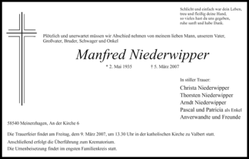 Todesanzeige von Manfred Niederwipper von WESTFÄLISCHER ANZEIGER