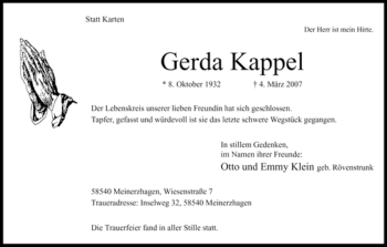 Todesanzeige von Gerda Kappel von WESTFÄLISCHER ANZEIGER