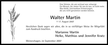 Todesanzeige von Walter Martin von WESTFÄLISCHER ANZEIGER