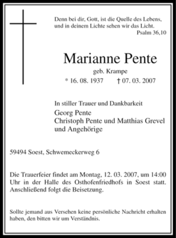 Todesanzeige von Marianne Pente von WESTFÄLISCHER ANZEIGER