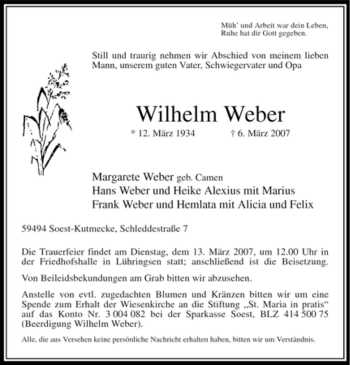 Todesanzeige von Wilhelm Weber von WESTFÄLISCHER ANZEIGER