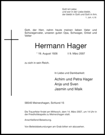 Todesanzeige von Hermann Hager von WESTFÄLISCHER ANZEIGER