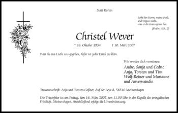 Todesanzeige von Christel Wever von WESTFÄLISCHER ANZEIGER