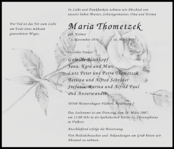 Todesanzeige von Maria Thometzek von WESTFÄLISCHER ANZEIGER