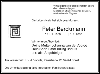 Todesanzeige von Peter Berckmann von WESTFÄLISCHER ANZEIGER