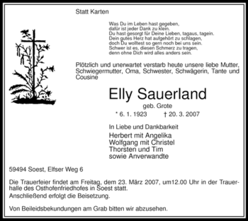 Todesanzeige von Elly Sauerland Elly von WESTFÄLISCHER ANZEIGER