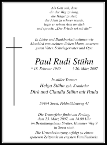 Todesanzeige von Paul Rudi Stühn von WESTFÄLISCHER ANZEIGER