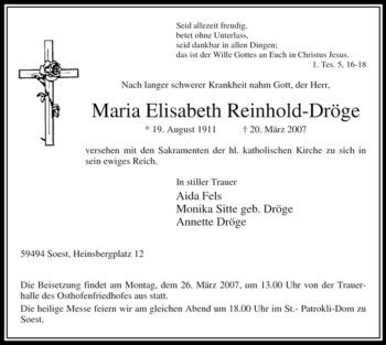 Todesanzeige von Maria Elisabeth Reinhold-Dröge von WESTFÄLISCHER ANZEIGER