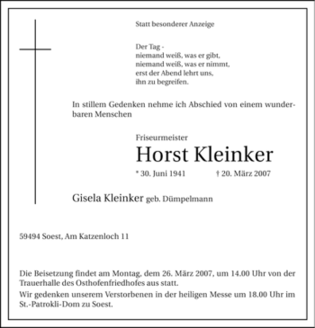 Todesanzeige von Horst Kleinker von WESTFÄLISCHER ANZEIGER