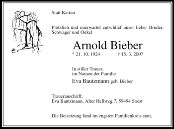 Todesanzeige von Arnold Bieber von WESTFÄLISCHER ANZEIGER