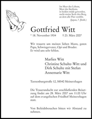 Todesanzeige von Gottfried Witt von WESTFÄLISCHER ANZEIGER