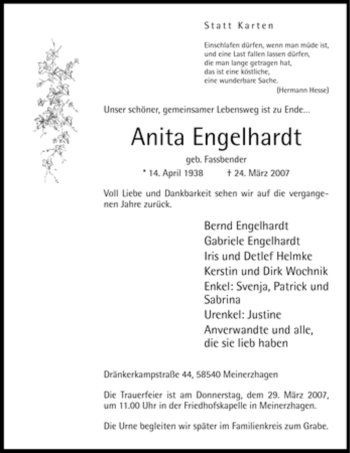 Todesanzeige von Anita Engelhardt von WESTFÄLISCHER ANZEIGER