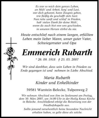 Todesanzeige von Emmerich Rubarth von WESTFÄLISCHER ANZEIGER