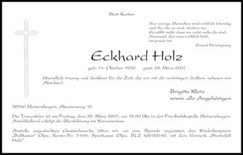 Todesanzeige von Eckhard Holz von WESTFÄLISCHER ANZEIGER