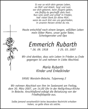 Todesanzeige von Emmerich Rubarth von WESTFÄLISCHER ANZEIGER