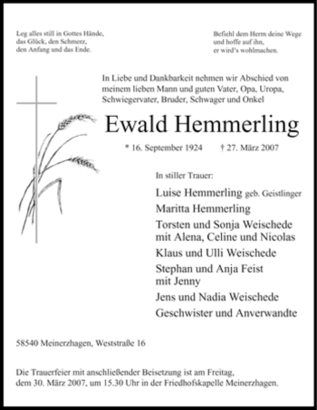 Todesanzeige von Ewald Hemmerling von WESTFÄLISCHER ANZEIGER