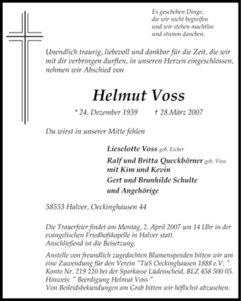 Todesanzeige von Helmut Voss von WESTFÄLISCHER ANZEIGER