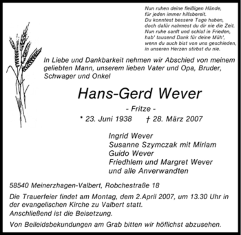 Todesanzeige von Hans-Gerd Wever von WESTFÄLISCHER ANZEIGER