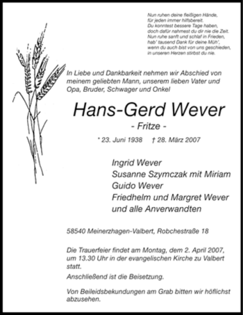 Todesanzeige von Hans Gerd Wever von WESTFÄLISCHER ANZEIGER