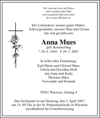 Todesanzeige von Anna Mues von WESTFÄLISCHER ANZEIGER