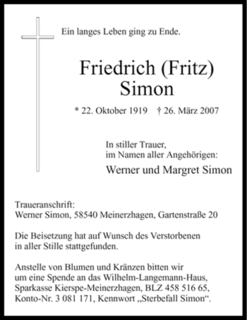 Todesanzeige von Friedrich Simon von WESTFÄLISCHER ANZEIGER