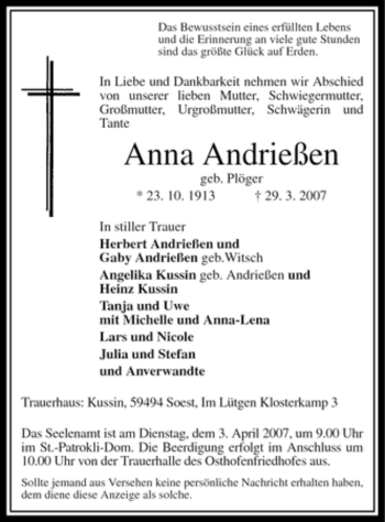 Todesanzeige von Anna Andrießen von WESTFÄLISCHER ANZEIGER