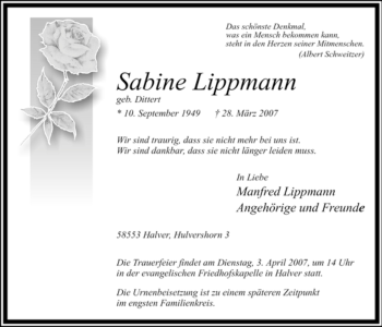 Todesanzeige von Sabine Lippmann von WESTFÄLISCHER ANZEIGER