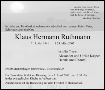 Todesanzeige von Klaus Hermann Ruthmann von WESTFÄLISCHER ANZEIGER