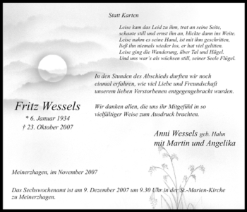 Todesanzeige von Fritz Wessels von WESTFÄLISCHER ANZEIGER