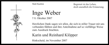 Todesanzeige von Inge Weber von WESTFÄLISCHER ANZEIGER