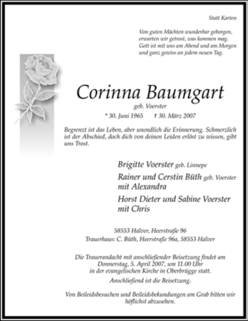 Todesanzeige von Corinna Baumgart von WESTFÄLISCHER ANZEIGER