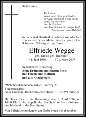 Todesanzeige von Elfriede Wegge von WESTFÄLISCHER ANZEIGER