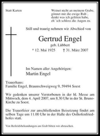 Todesanzeige von Gertrud Engel von WESTFÄLISCHER ANZEIGER