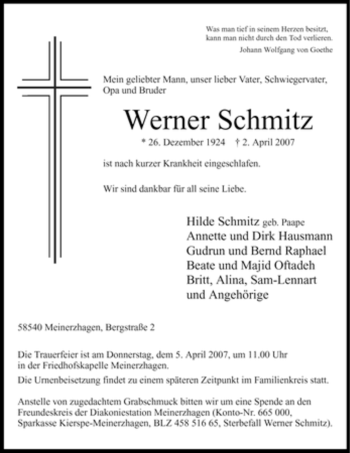 Todesanzeige von Werner Schmitz von WESTFÄLISCHER ANZEIGER