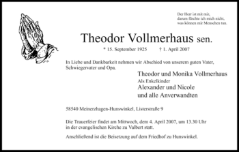 Todesanzeige von Theodor Vollmerhaus von WESTFÄLISCHER ANZEIGER