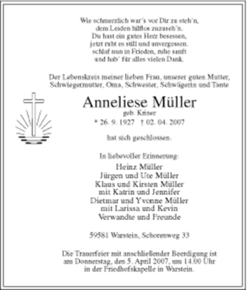 Todesanzeige von Anneliese Müller von WESTFÄLISCHER ANZEIGER