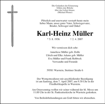 Todesanzeige von Karl-Heinz Müller von WESTFÄLISCHER ANZEIGER