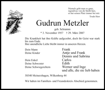 Todesanzeige von Gudrun Metzler von WESTFÄLISCHER ANZEIGER