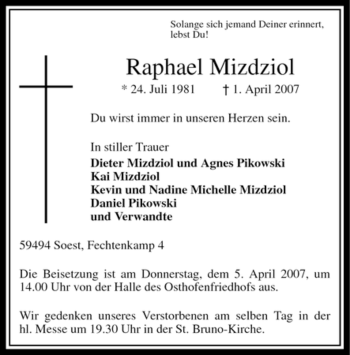 Todesanzeige von Raphael Mizdziol von WESTFÄLISCHER ANZEIGER