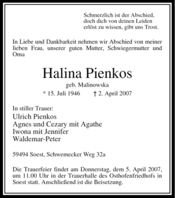 Todesanzeige von Halina Pienkos von WESTFÄLISCHER ANZEIGER