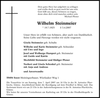 Todesanzeige von Wilhelm Steinmeier von WESTFÄLISCHER ANZEIGER