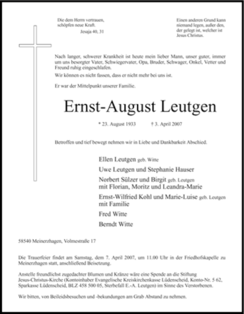 Todesanzeige von Ernst-August Leutgen von WESTFÄLISCHER ANZEIGER