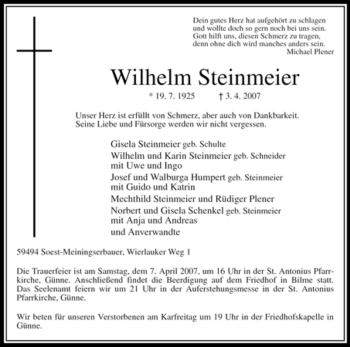 Todesanzeige von Wilhelm Steinmeier von WESTFÄLISCHER ANZEIGER