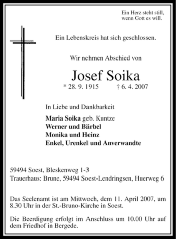 Todesanzeige von Josef Soika von WESTFÄLISCHER ANZEIGER