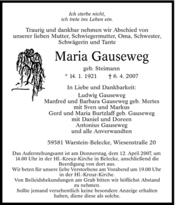 Todesanzeige von Maria Gauseweg von WESTFÄLISCHER ANZEIGER