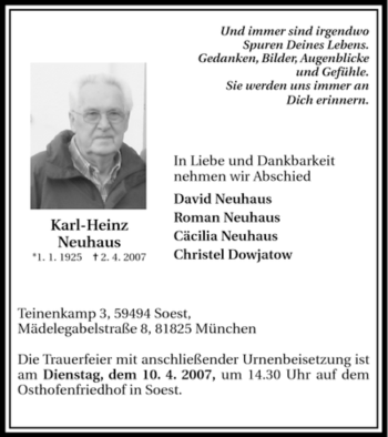 Todesanzeige von Karl-Heinz Neuhaus von WESTFÄLISCHER ANZEIGER