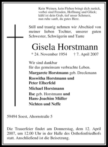 Todesanzeige von Gislea Horstmann von WESTFÄLISCHER ANZEIGER